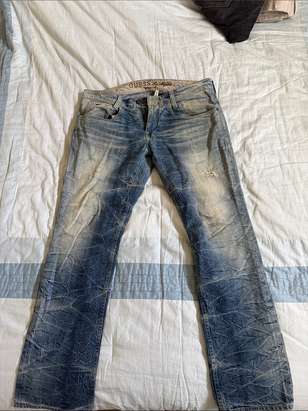 GUESS Men’s Distressed Washed Blue Bootcut Jeans
